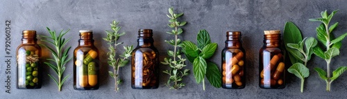 Various herbal medicine bottles aligned, reflecting holistic and natural healing