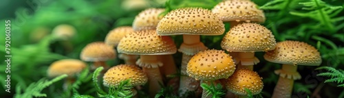 Various mushrooms thriving amidst green foliage photo