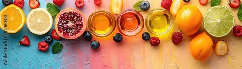 Vibrant beauty oils with fruits on a dual-tone background photo