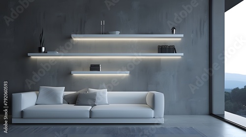 An ultra-modern minimalist living room featuring white floating shelves on a clean, matte grey wall. Include subtle lighting from hidden LED strips  reflective surface of the shelves. © Love Mohammad
