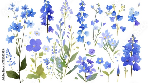 A charming assortment of hand drawn bluebell flowers and leaves come together to form a delightful wild bluebell bouquet This blooming bellflower also known as harebell embodies the essence 