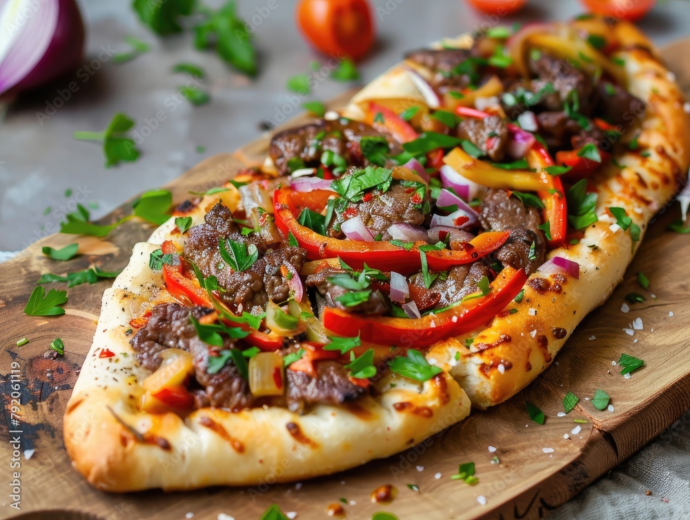 savory boat-shaped flatbread topped with a flavorful mixture of seasoned beef and assorted vegetables like onions, peppers, and tomatoes. Let's enjoy this delicious and hearty meal,  - obrazy, fototapety, plakaty 