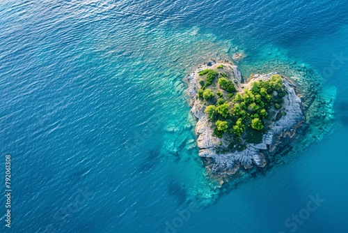 An aerial view of a heart-shaped island blanketed with lush greenery amidst the turquoise embrace of the sea 