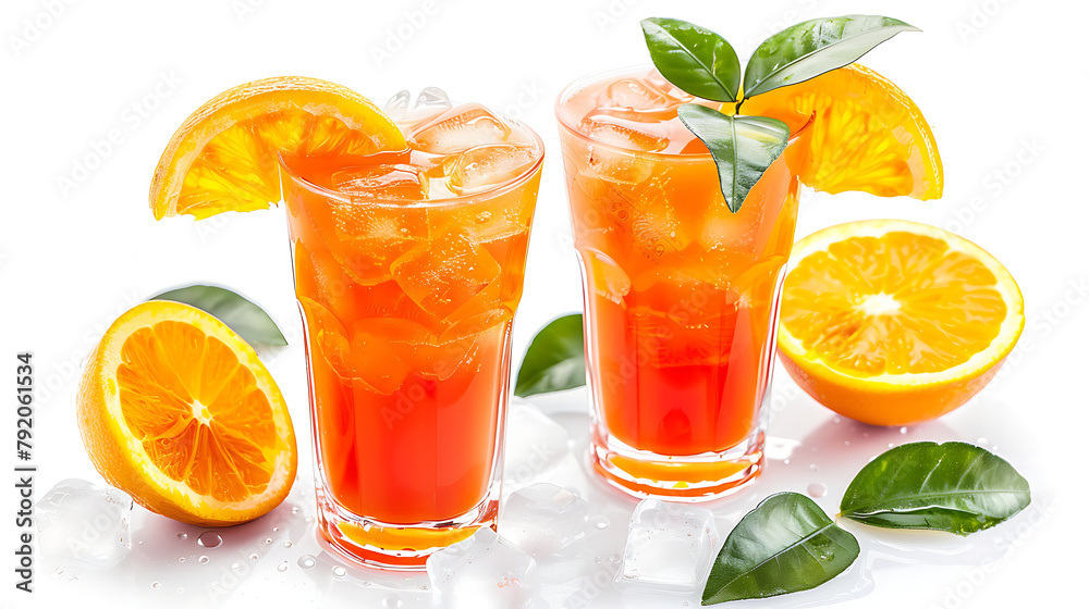 two identical glasses filled with a red-orange colored beverage. Each glass is garnished with a green leaf resting on the surface of the drink. two identical glasses filled with a red-orange colored beverage. Each glass is garnished with a green leaf resting on the surface of the drink.