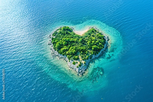 An aerial view of a heart-shaped island blanketed with lush greenery amidst the turquoise embrace of the sea 
