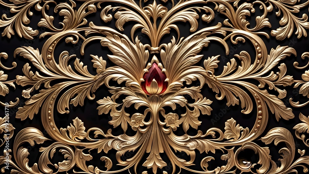 intricate golden design with a red gem in the center, set against a black background intricate golden design with a red gem in the center, set against a black background