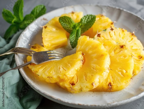 plate of fresh pineapple slices with a fork on the side! It's a refreshing and juicy tropical fruit, perfect for a healthy and delicious snack. Let's enjoy the sweet 