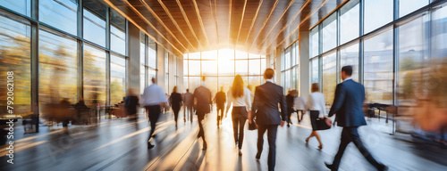 Blurred figures move swiftly through a sun-drenched modern lobby. The bustling activity within the corporate environment illustrates daily life's rhythm in a fast-paced world. photo