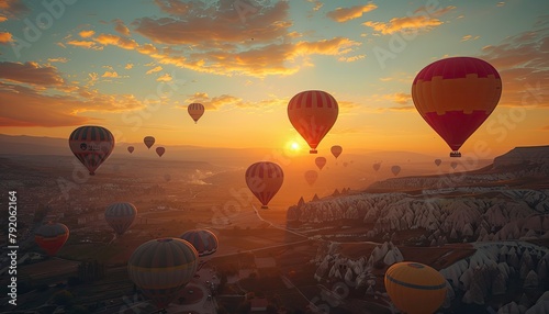 Colorful hot air balloons at sunrise photo