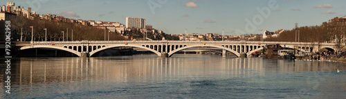 Panoramic of the Rhone river through the Guillotière bridge in Lyon.