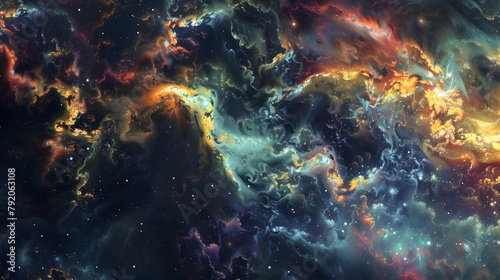 A celestial collision of galaxies rendered in digital abstraction  blending cosmic colors in a breathtaking panorama.