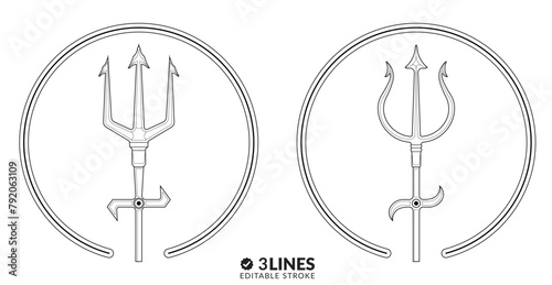 Symbolism of mystical tridents in contour lines with representation in icons and editable lines.