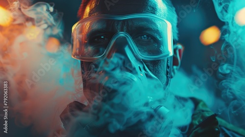 Mysterious Man with Goggles Surrounded by Colored Smoke in Moody Lighting photo