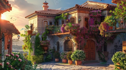A Mediterranean villa bathed in the soft glow of dawn, its terracotta roof tiles kissed by the first light of morning.