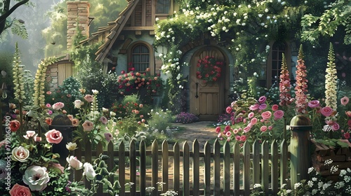 A charming cottage garden overflowing with old-fashioned roses, daisies, and hollyhocks, with a rustic picket fence enclosing the scene.