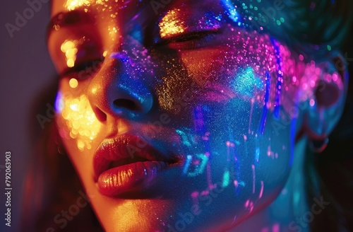 Vibrant Neon Makeup on Woman's Face in Colorful Lights