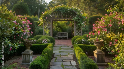 A charming English garden with manicured hedges  a rose-covered arbor  and a picturesque stone bench tucked away in a shady alcove.