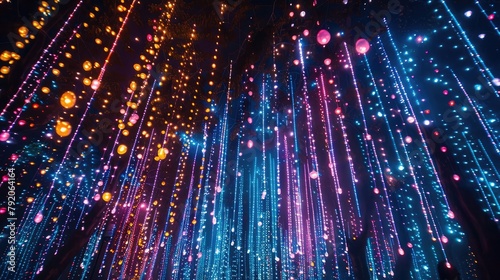 A mesmerizing light installation, with cascading strands of LEDs creating a shimmering canopy of color and movement that transforms the night sky into a breathtaking spectacle. © Ammar