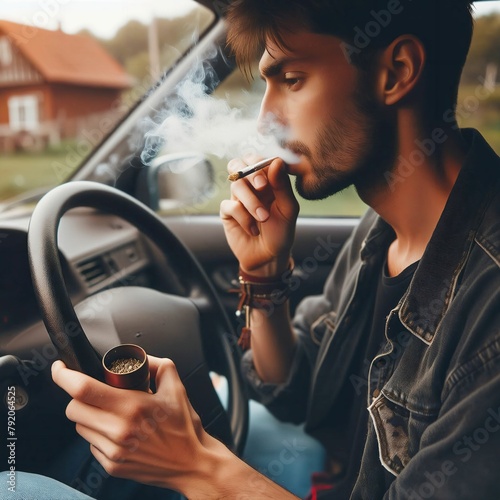 Driving while smoking cannabis joint. Marijuana. Legal regulation. Driving license regulation. Weed. Don’t drive high. Observe limit value and abstinence breaks. Spliff. Generative AI photo