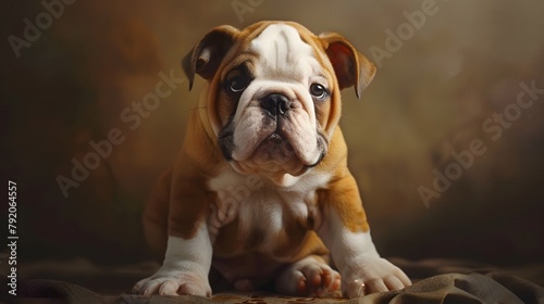 A charming photograph of a wrinkly-faced bulldog puppy with floppy ears and a squishy nose, showcasing the irresistible cuteness of baby bulldogs in high-definition realism.