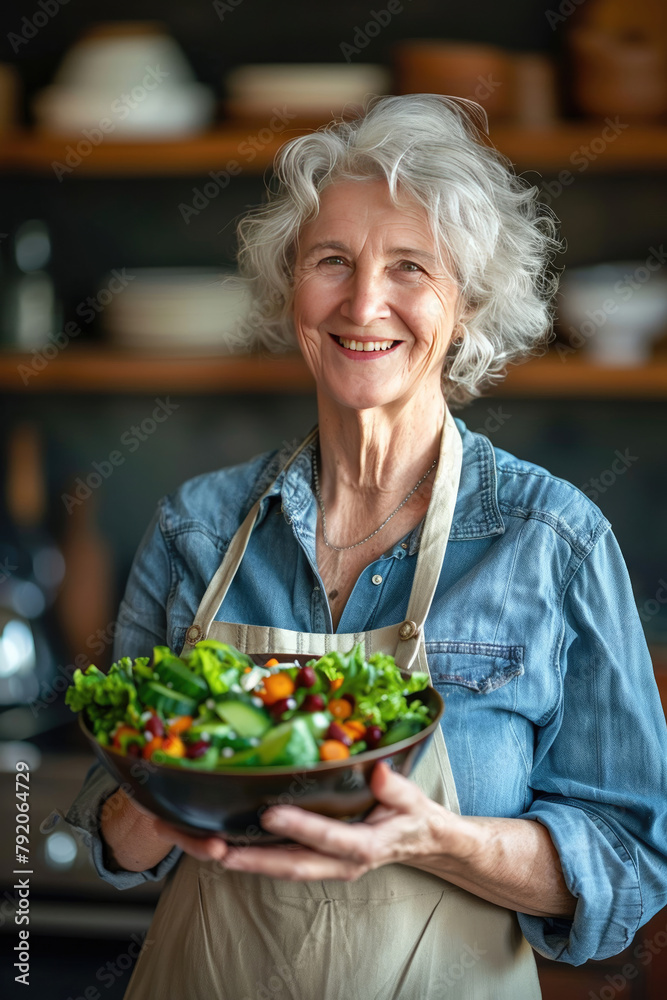 elderly woman with a bowl of salad healthy food