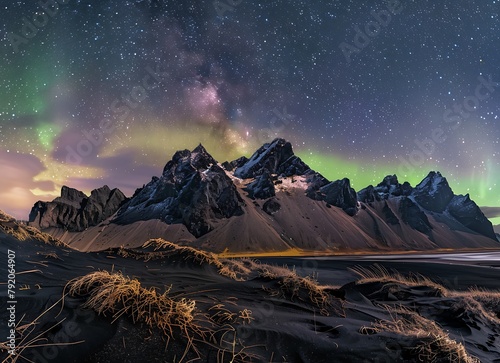 Stokksnes black rock mountain landscape with northern lights in Iceland stock photo contest winner, stockphoto, stock photography, award winning photograph, best selling stock photos