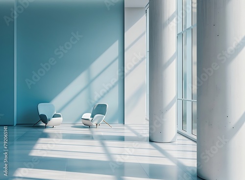 Modern office interior with white concrete columns and chairs