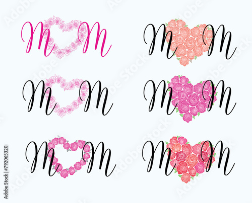 Inscription mom. Hand drawn calligraphy vector illustration. Mother's Day card with flowers heart