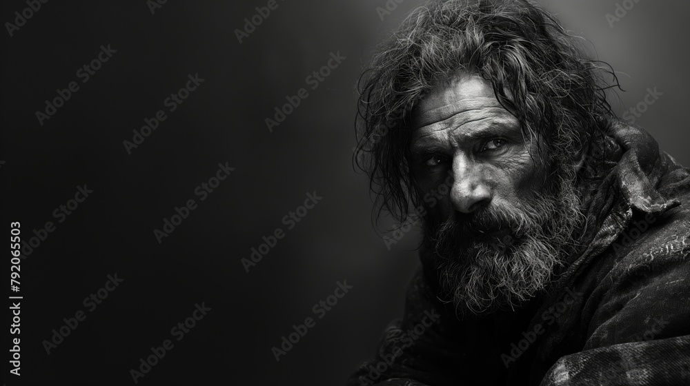 portrait of adult man long dark hair a beard in a jacket on a dark background studio, copy space portrait of adult man long dark hair a beard in a jacket on a dark background studio, copy space