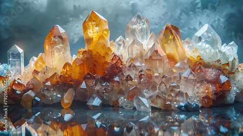 An impressive array of crystals shimmer with majestic earthy hues, exuding a sense of luxury and the enchanting appeal of minerals. Ideal for concepts related to geology photo