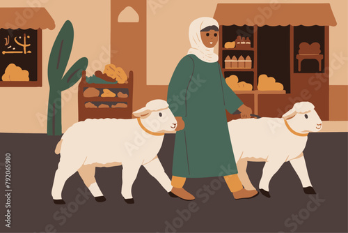 Muslim woman buying lambs on the market of  eid al adha festival