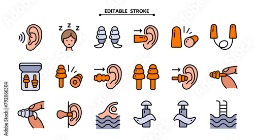 Earplugs color icons set. Editable stroke. Care device. Ear protection. Vector signs isolated on white. Earplug symbols collection. Noise symbol. Vector illustration.