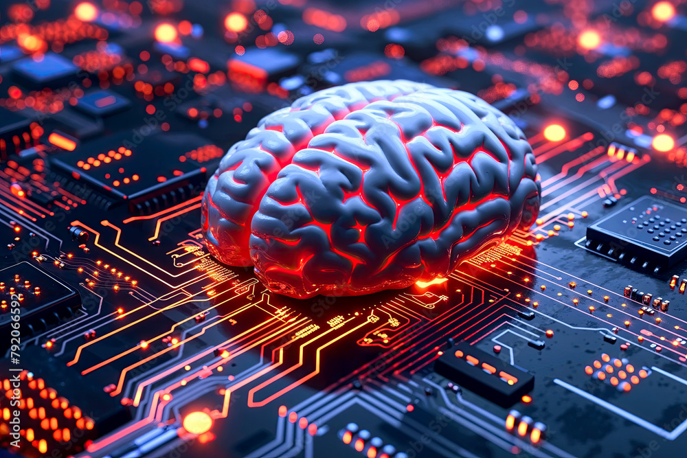 Brain sitting on a computer motherboard lighting up with lots of ...