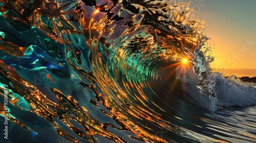 As the sun dips below the horizon, a spectacular ocean wave rises, poised to crash in a cascade of brilliant color. photo
