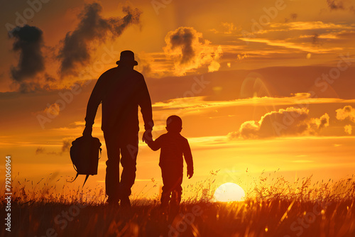 Silhouette of father and son walking in the sunset for father s day background and celebration