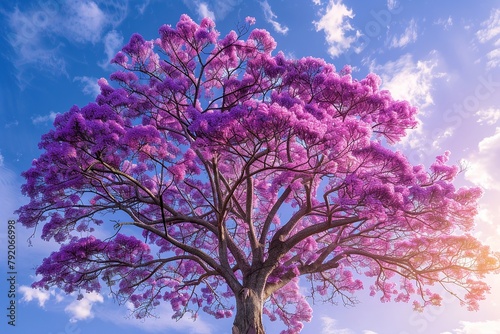 Behold the awe-inspiring view of a blooming purple Ipê tree, where deep purple flowers add a touch of royalty against the verdant foliage and clear blue skies, encapsulating the beauty