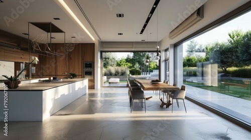 A modern open-concept kitchen and dining area flooded with natural light, with sleek cabinetry and designer finishes creating a chic  photo