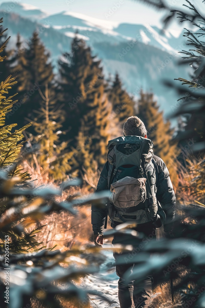 male tourist on the background of mountains