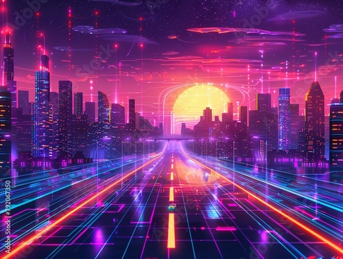 Vector illustration of a digital landscape  cyberpunk theme  neon colors against a dark background  futuristic skyline