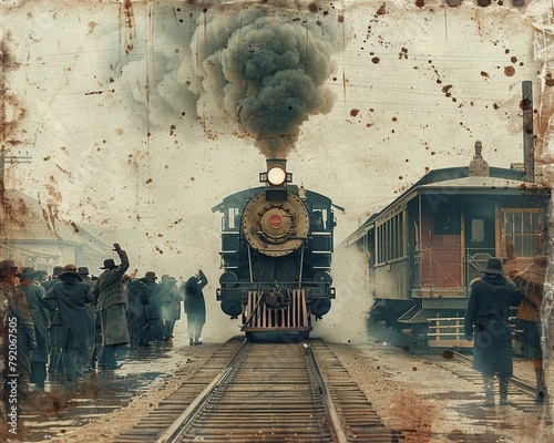 color stock photo of a classic steam train departing from the station in the early 1900s, smoke billowing, and passengers waving goodbye, vintage style photo