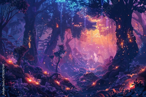 Creative vector illustration of a fantasy forest, magical creatures, glowing elements, and an ethereal atmosphere, rich in color