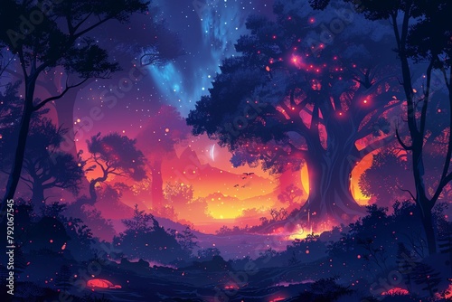 Creative vector illustration of a fantasy forest, magical creatures, glowing elements, and an ethereal atmosphere, rich in color