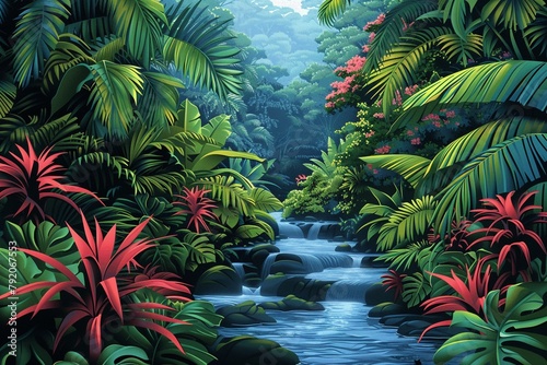 Detailed vector illustration of a lush rainforest  rich in flora and fauna  using a vibrant and diverse color scheme