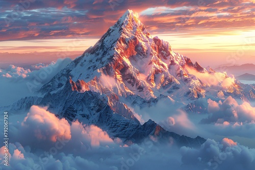 Mountain peak in the clouds at sunset. 