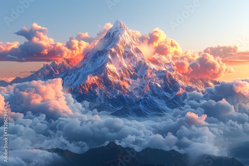 Mountain peak in the clouds at sunset.  photo