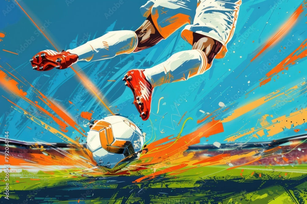 Dynamic Soccer Player Striking Ball with Power and Precision in Artistic, Action-Packed Illustration