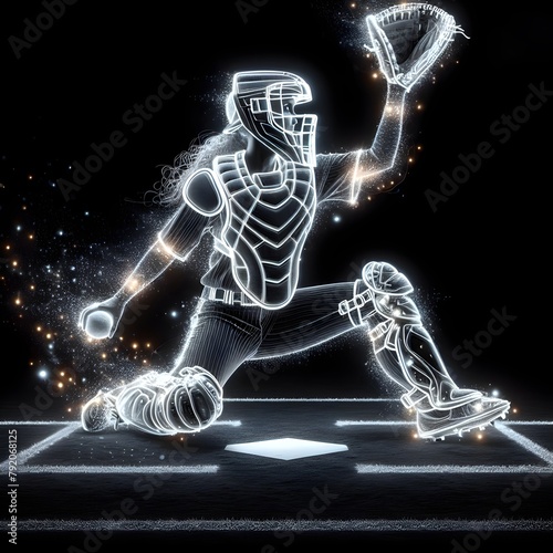 A dynamic young female softball catcher in action, crouched down is depicted with bright white lines against a dark background speckled with starry lights