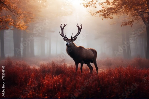 'stag deer dawn red forest autumn foggy misty landscape fog mist field fall winter season seasonal morning atmosphere foliage flora nature natural colours colourful gold brown orange sky sunrise dew' photo