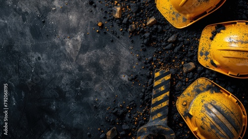Top View of Industrial Safety Equipment - Worn Yellow Hard Hats and Caution Sign on Coal Dust Background. Close up of Grunge Construction Backdrop Concept with Copy Space for Text display from Above