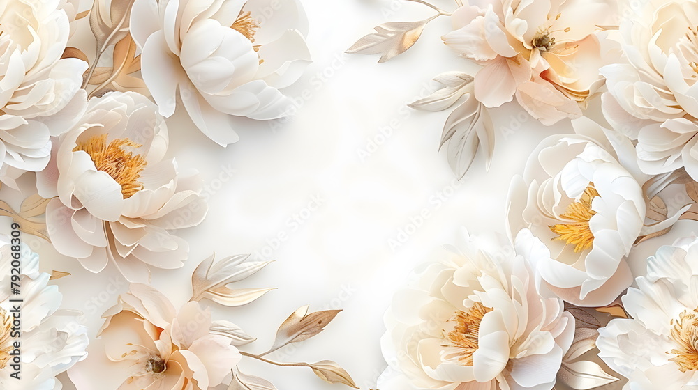 Top view Frame with delicate white and pink peonies on a white background. Wedding template Greeting card, mother's day or women's day. Spring composition with copy space. Flat lay, copy space. Top view Frame with delicate white and pink peonies on a white background. Wedding template Greeting card, mother's day or women's day. Spring composition with copy space. Flat lay, copy space.